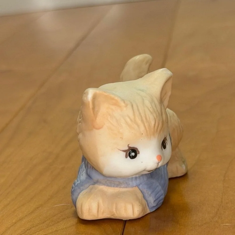 Vintage Ceramic Kitten Figurine – Cat in Blue Sweater Matte Finish Whimsical 3
